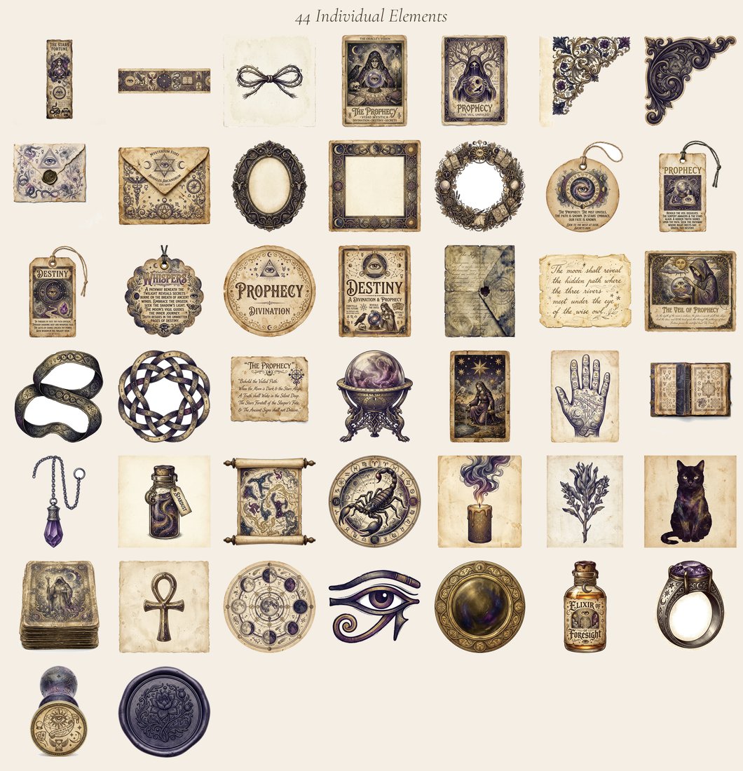 Fortune Teller Parlor junk journal kit — elements overview