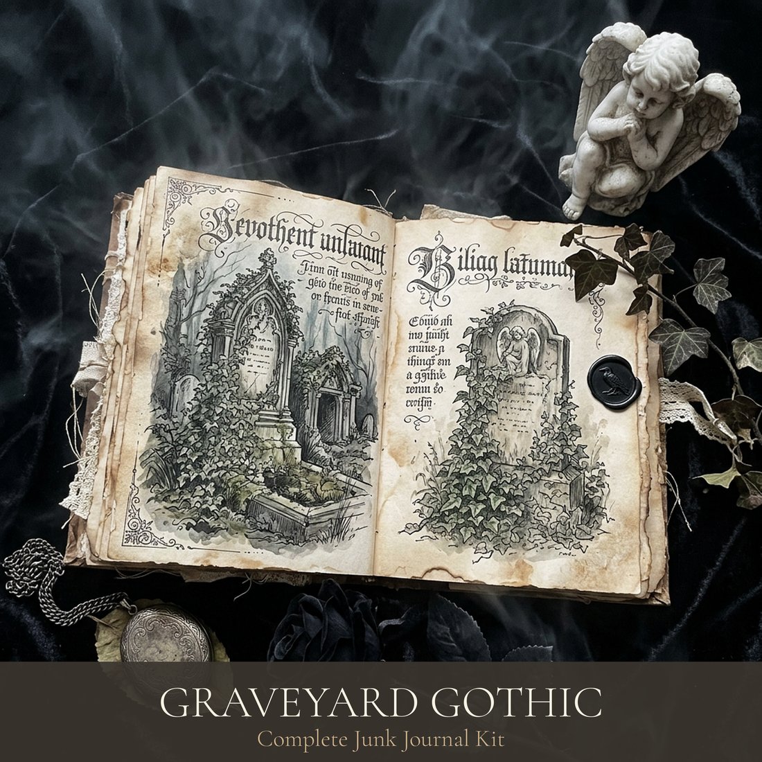Graveyard Gothic Junk Journal Kit | Vintage Headstone Angel Ephemera + Printable Sheets | Ethereal | Digital Download