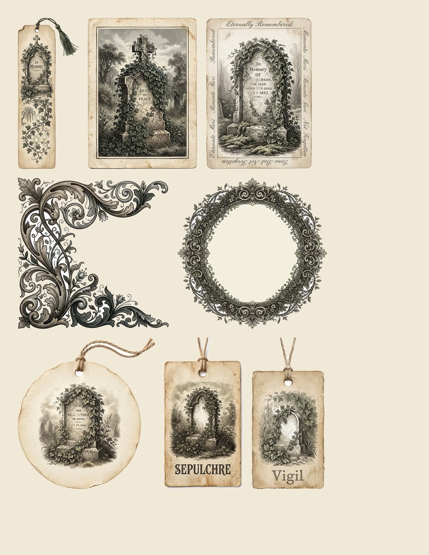Graveyard Gothic junk journal kit — sheet preview 1