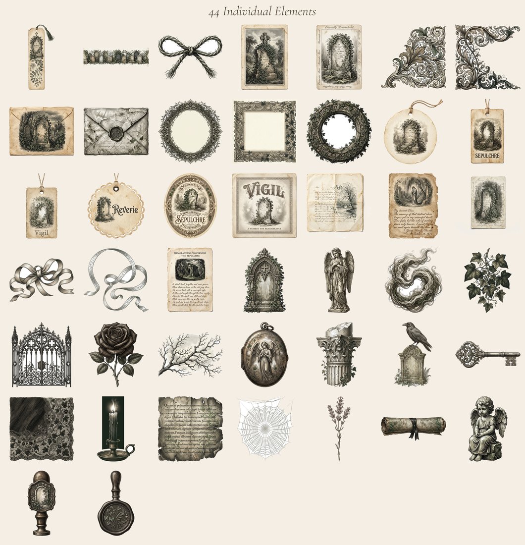 Graveyard Gothic junk journal kit — elements overview