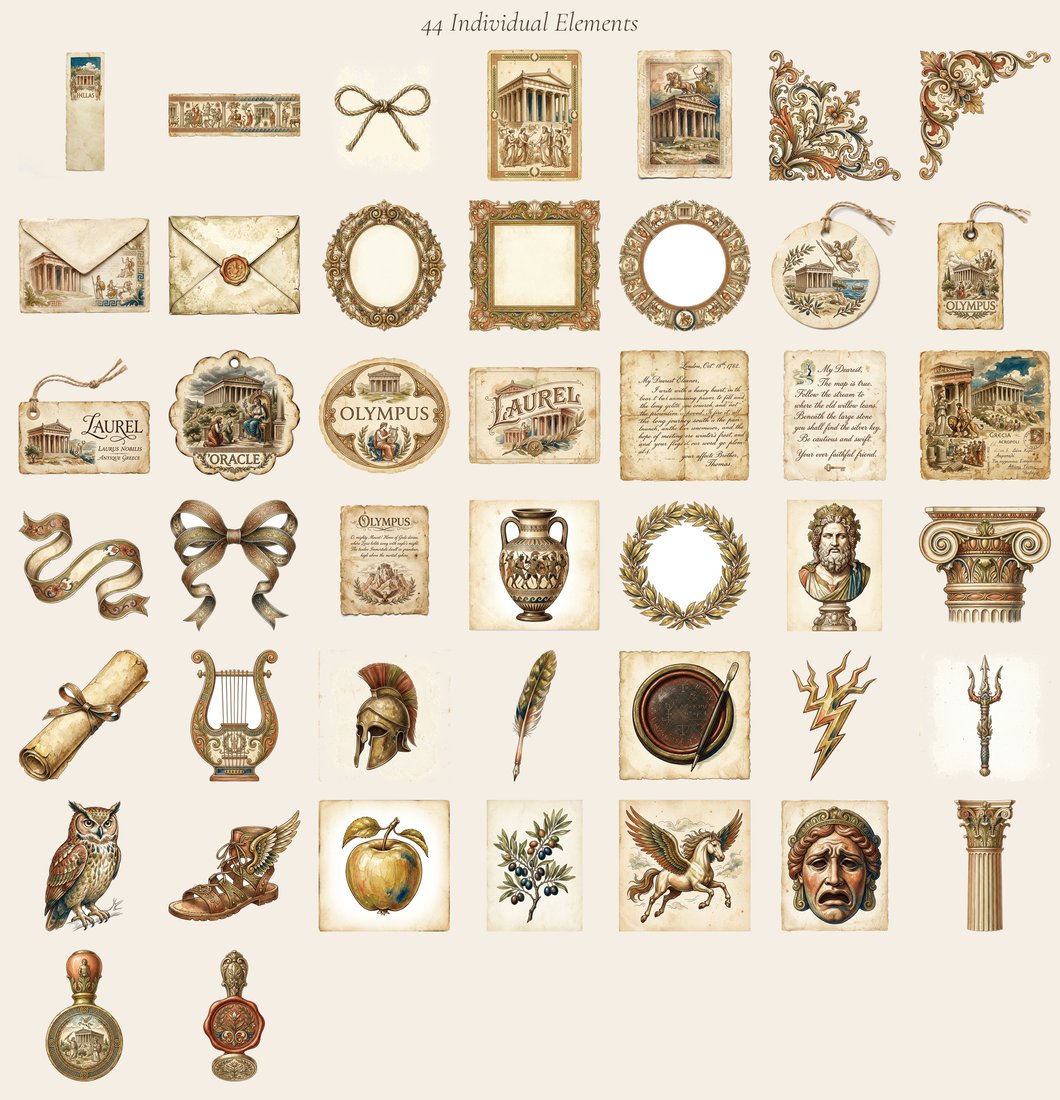 Greek Mythology junk journal kit — elements overview