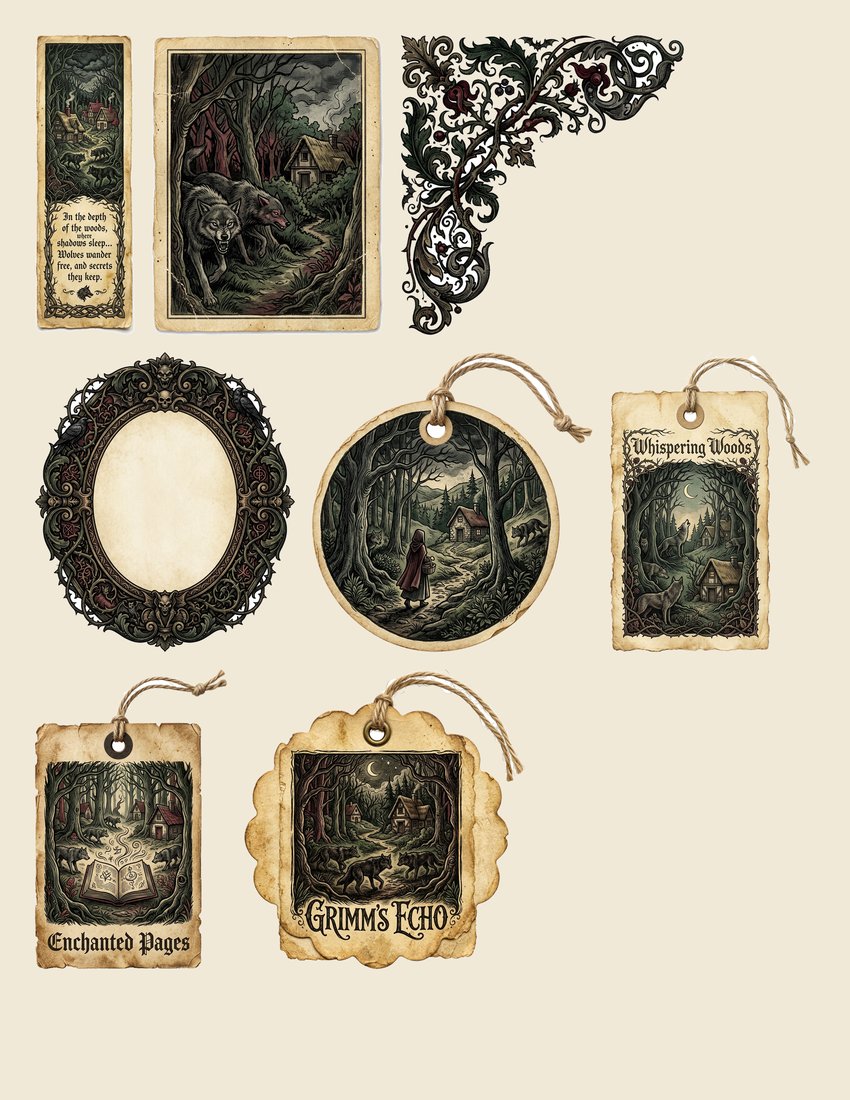 Grimms Fairytales junk journal kit — sheet preview 1
