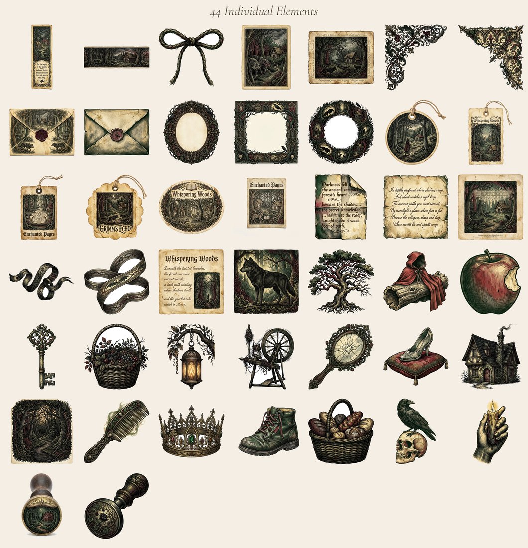 Grimms Fairytales junk journal kit — elements overview