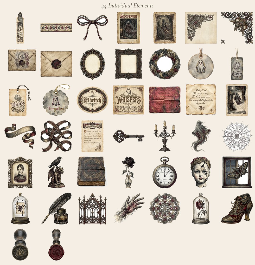 Haunted Manor junk journal kit — elements overview