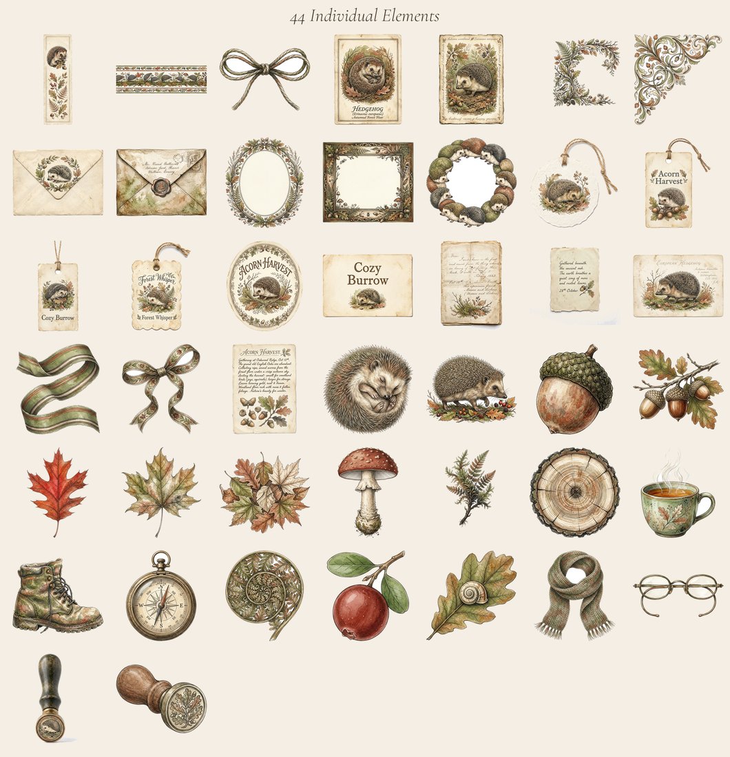 Hedgehog Hollow junk journal kit — elements overview