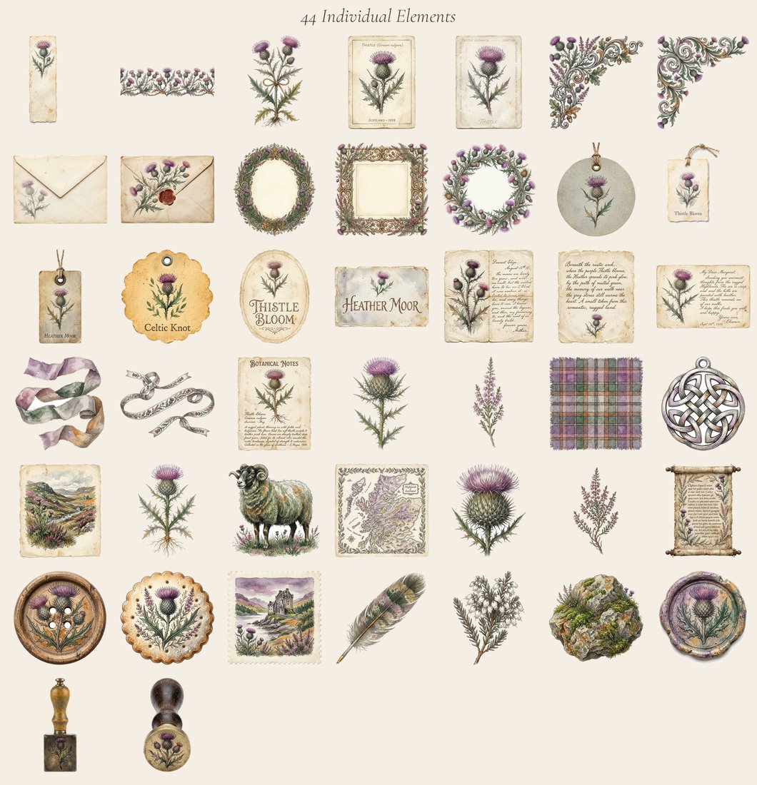 Highland Thistle junk journal kit — elements overview