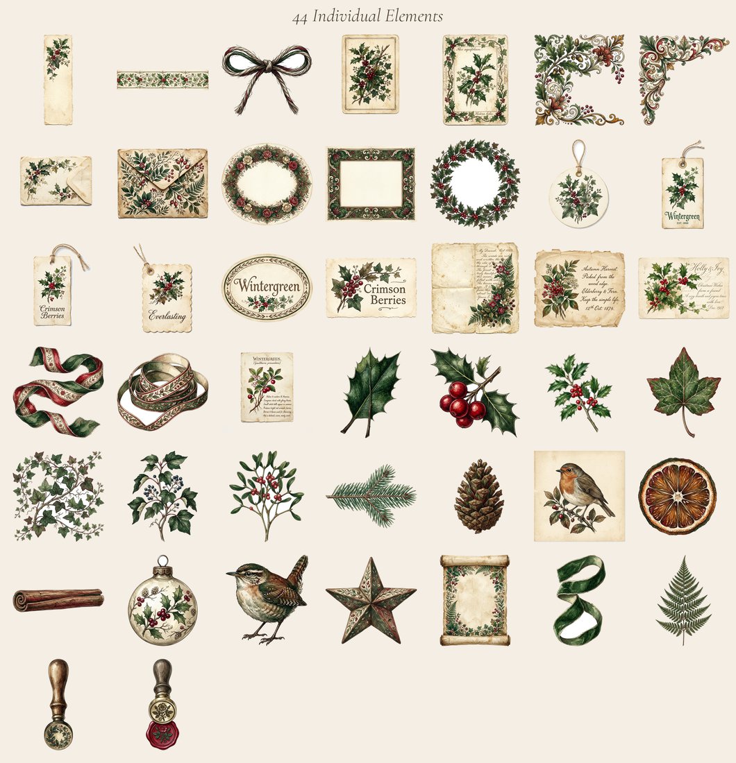Holly And Ivy junk journal kit — elements overview