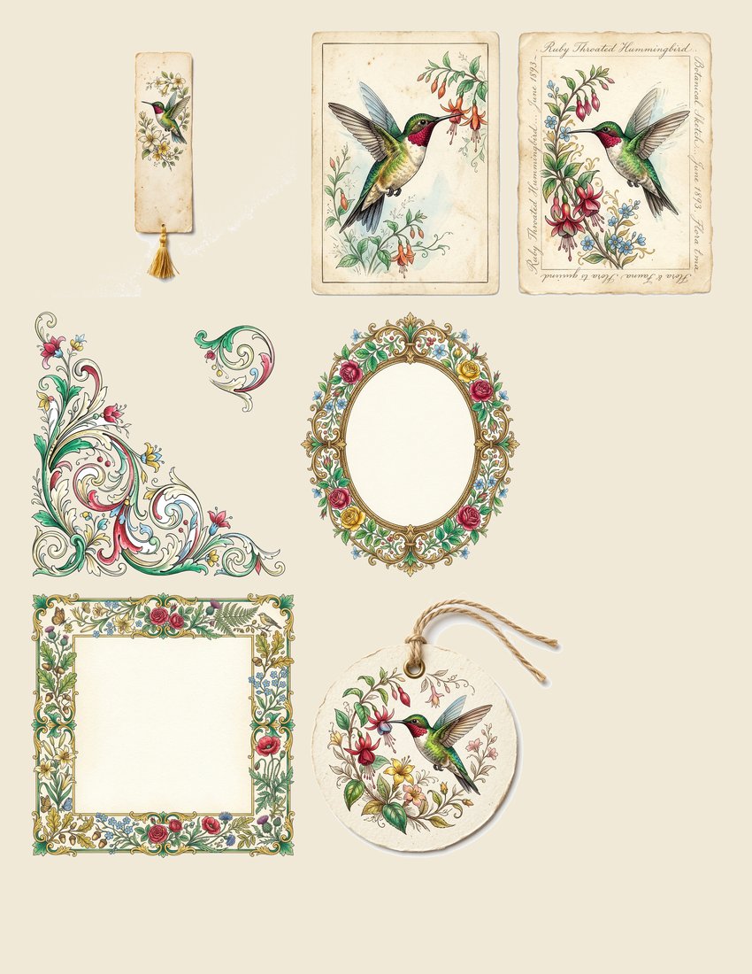 Hummingbird Nectar junk journal kit — sheet preview 1