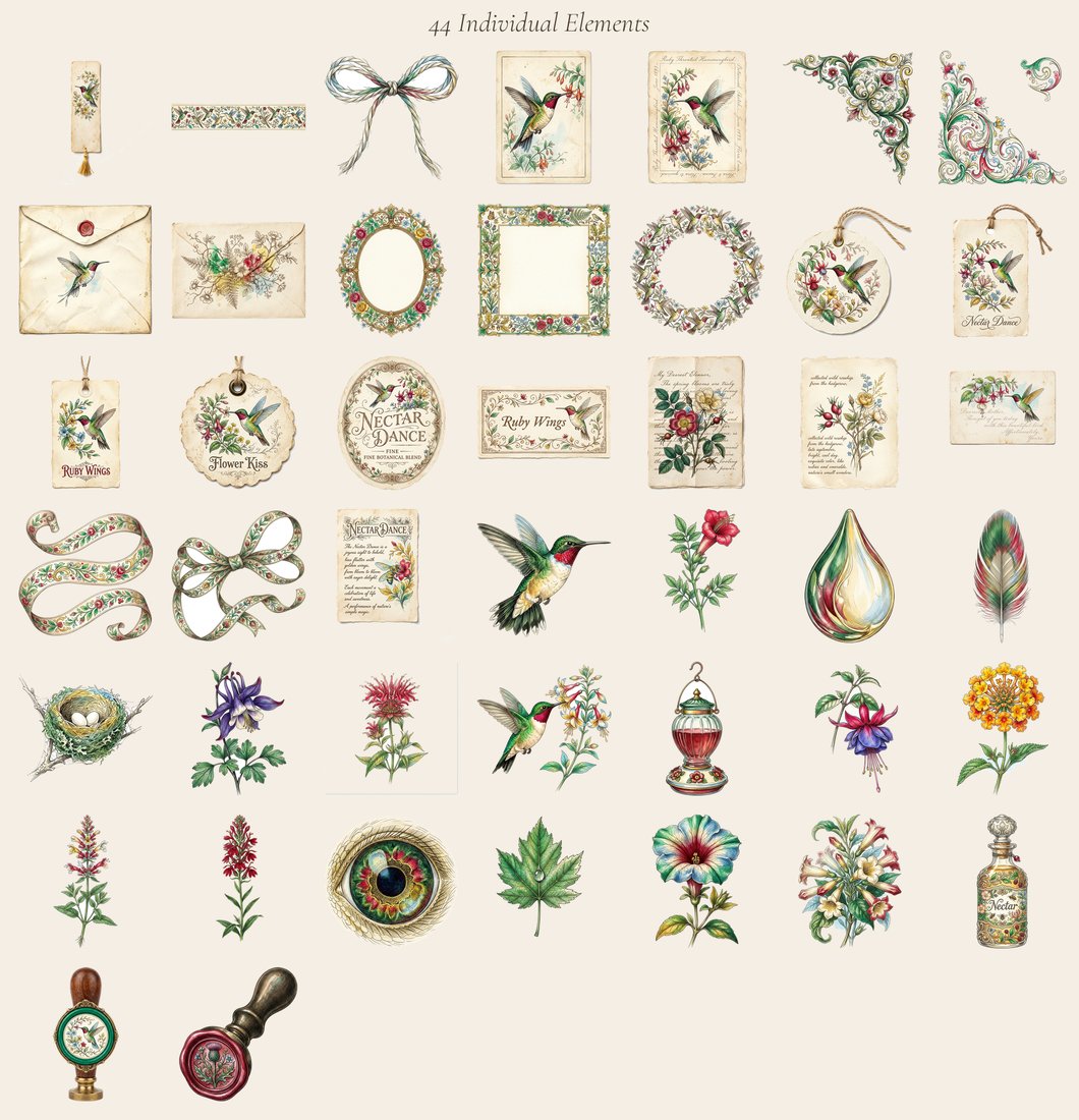 Hummingbird Nectar junk journal kit — elements overview