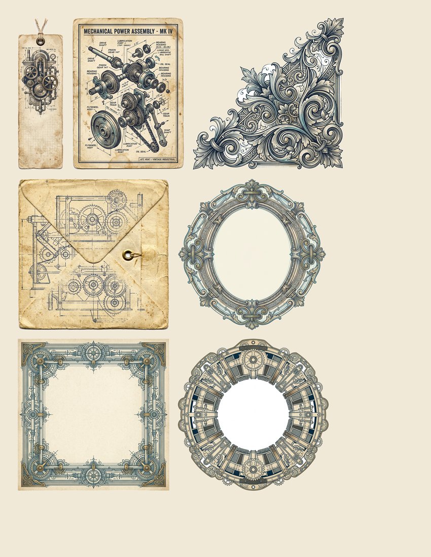 Industrial Blueprints junk journal kit — sheet preview 1