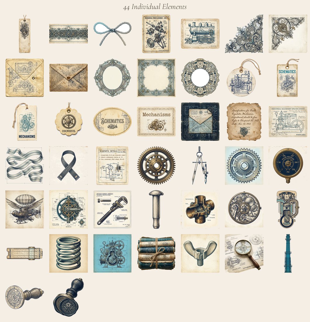 Industrial Blueprints junk journal kit — elements overview