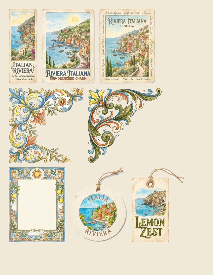 Italian Riviera junk journal kit — sheet preview 1