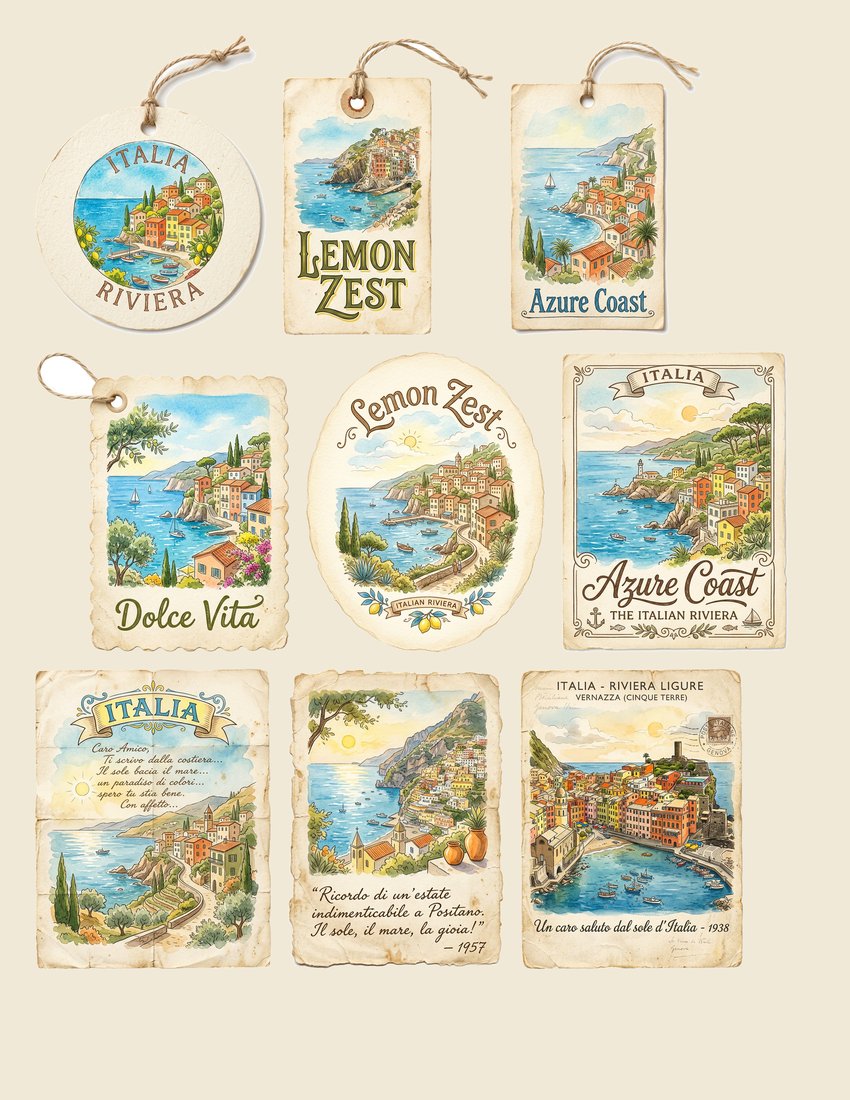 Italian Riviera junk journal kit — sheet preview 2