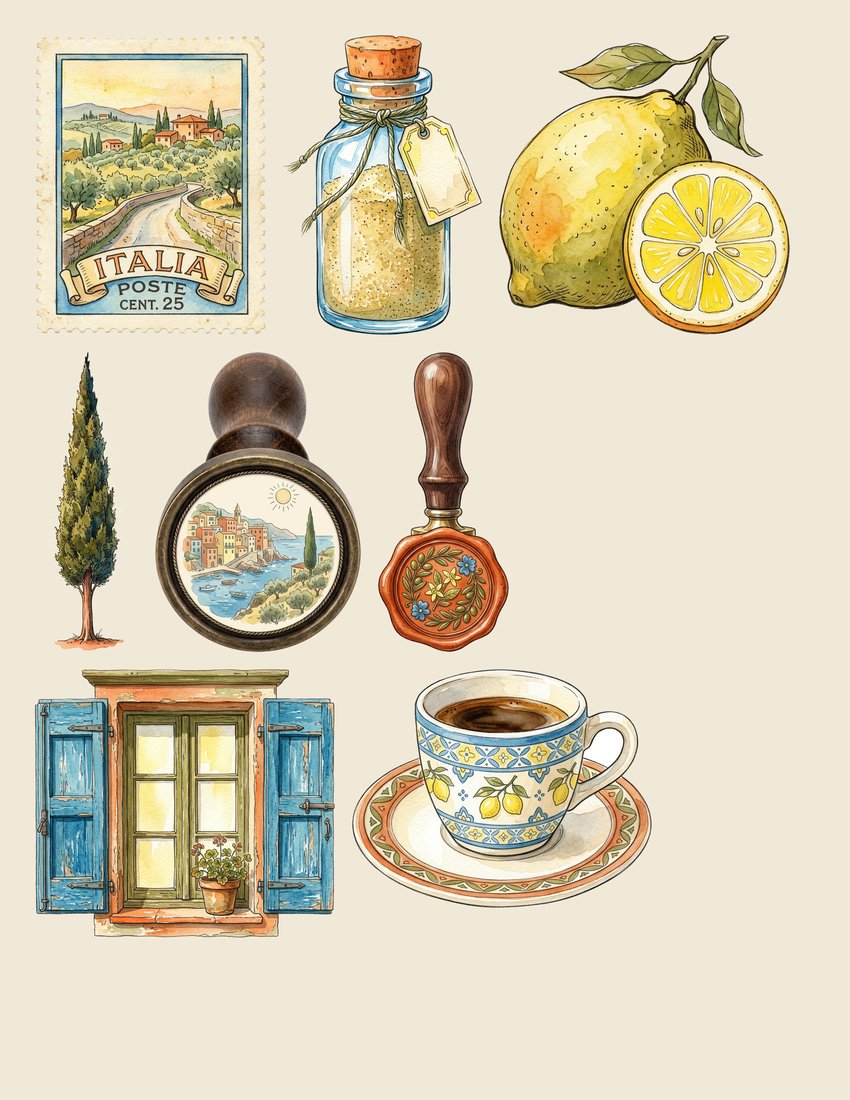 Italian Riviera junk journal kit — sheet preview 4