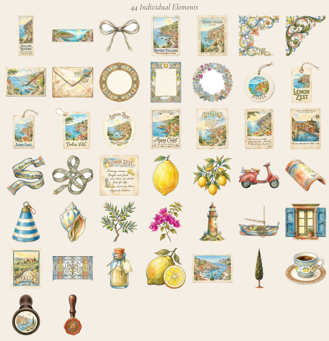 Italian Riviera junk journal kit — elements overview
