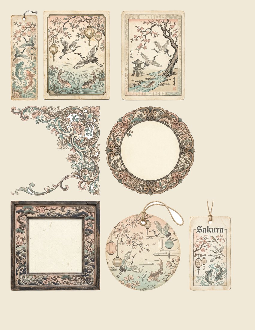 Japanese Garden junk journal kit — sheet preview 1