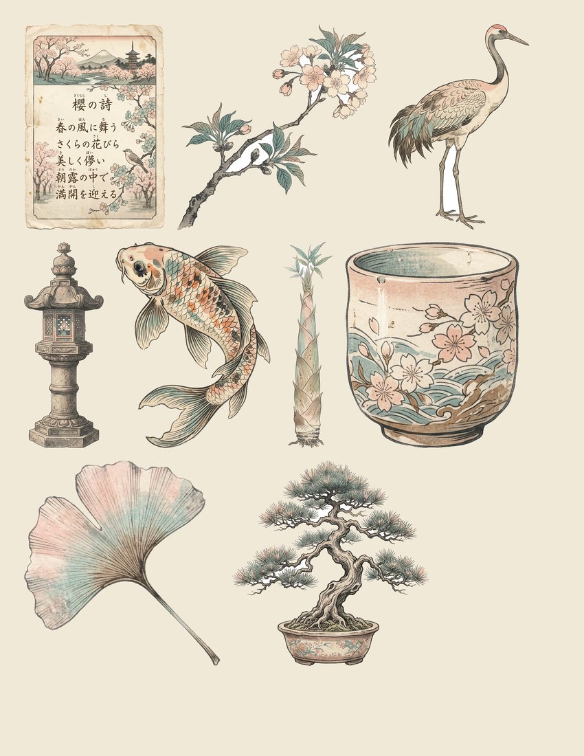 Japanese Garden junk journal kit — sheet preview 3