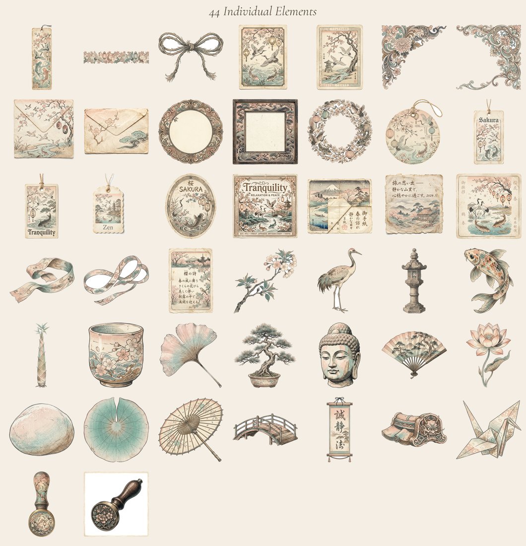 Japanese Garden junk journal kit — elements overview
