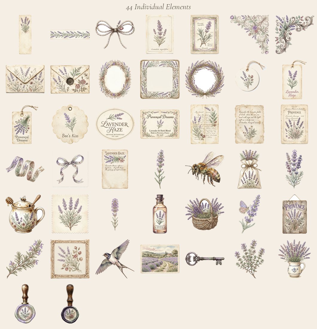 Lavender Fields junk journal kit — elements overview