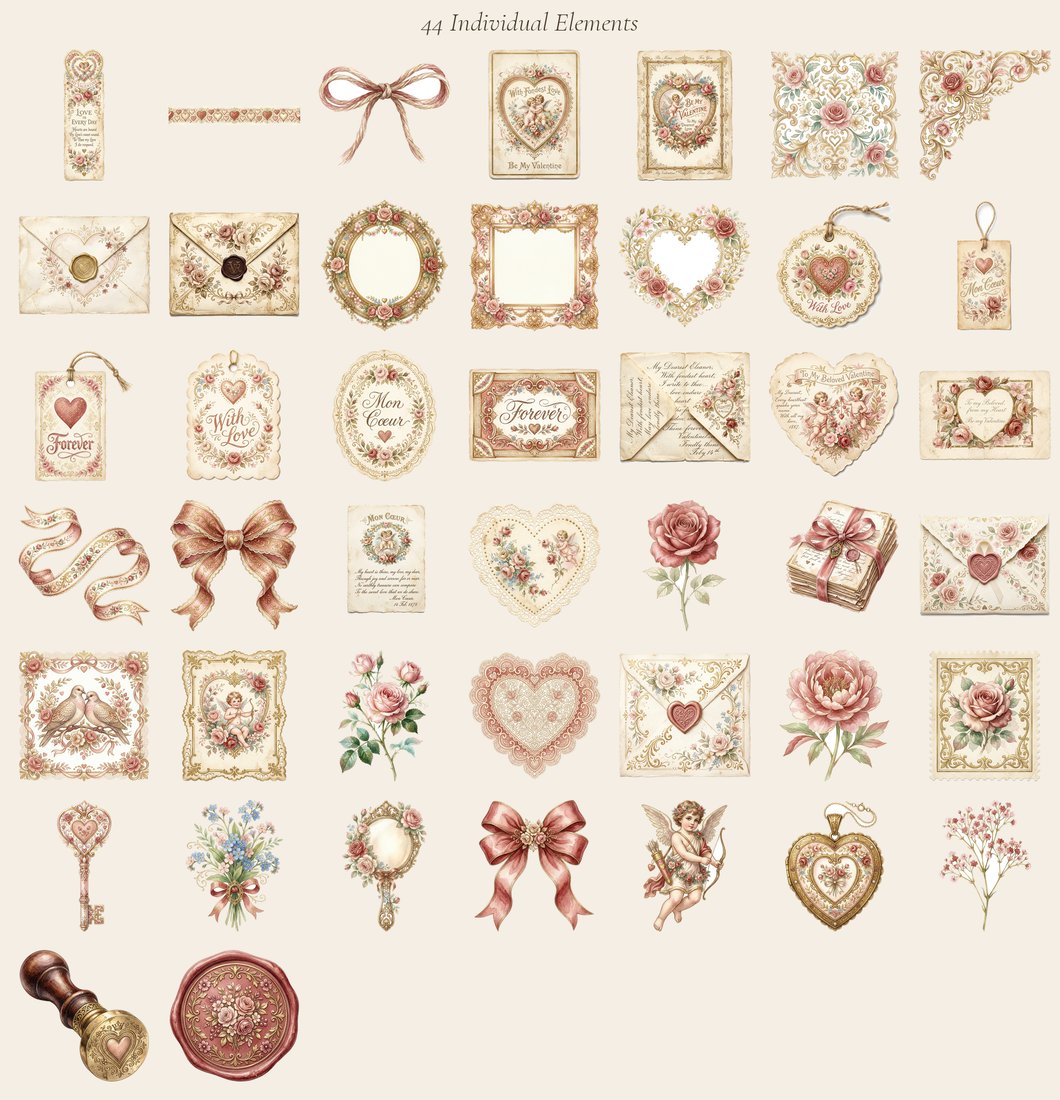 Love Letters Romance junk journal kit — elements overview