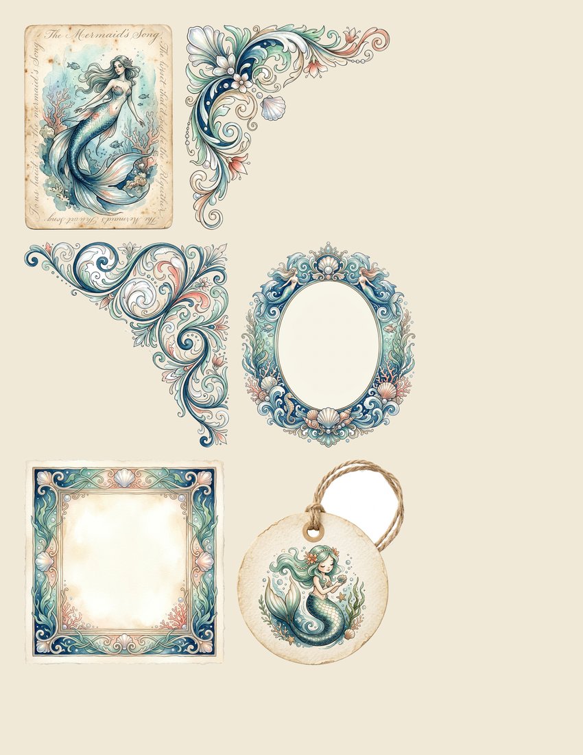 Mermaid Lagoon junk journal kit — sheet preview 1