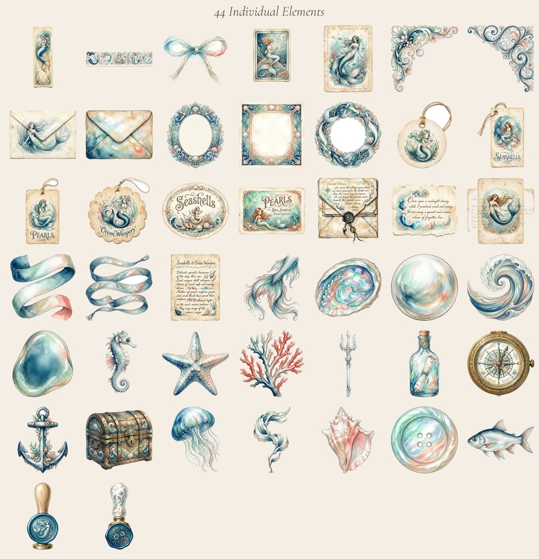 Mermaid Lagoon junk journal kit — elements overview