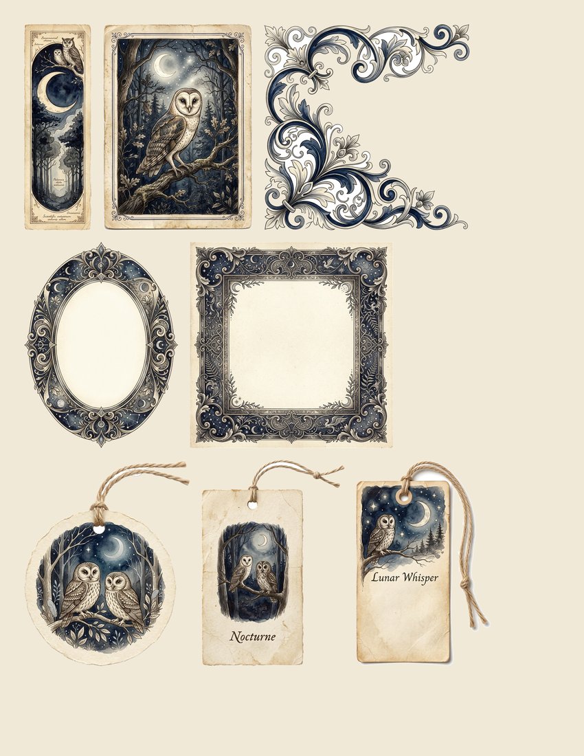 Moonlight Owls junk journal kit — sheet preview 1