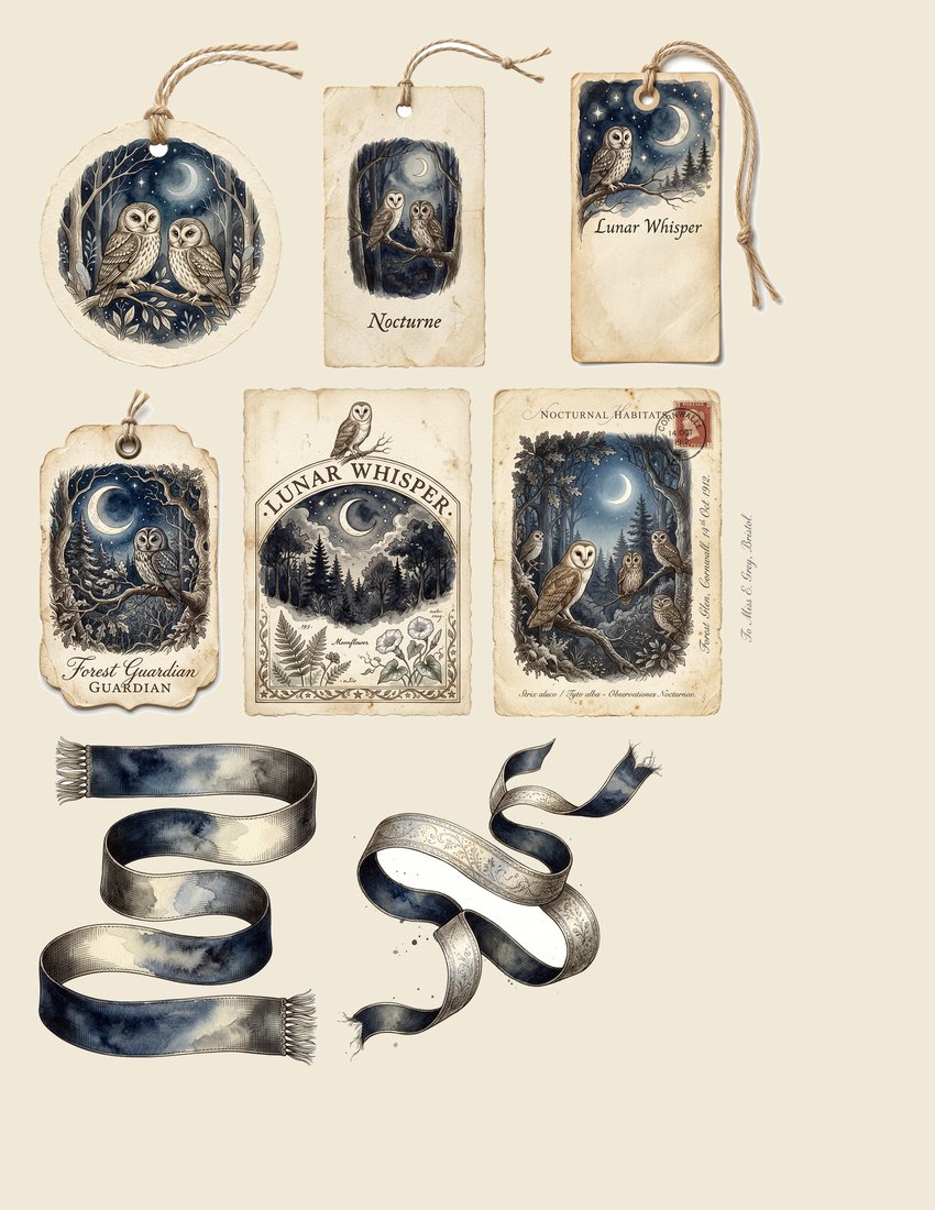 Moonlight Owls junk journal kit — sheet preview 2