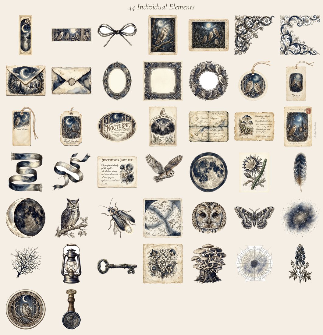 Moonlight Owls junk journal kit — elements overview