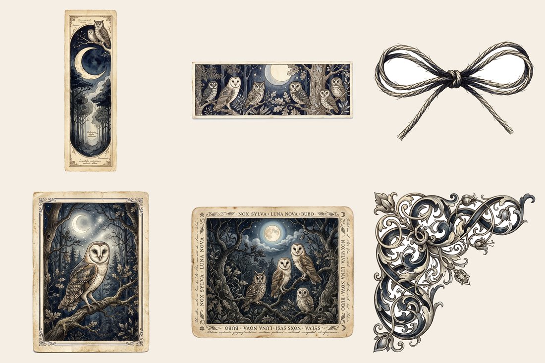 Moonlight Owls junk journal kit — element closeup 1