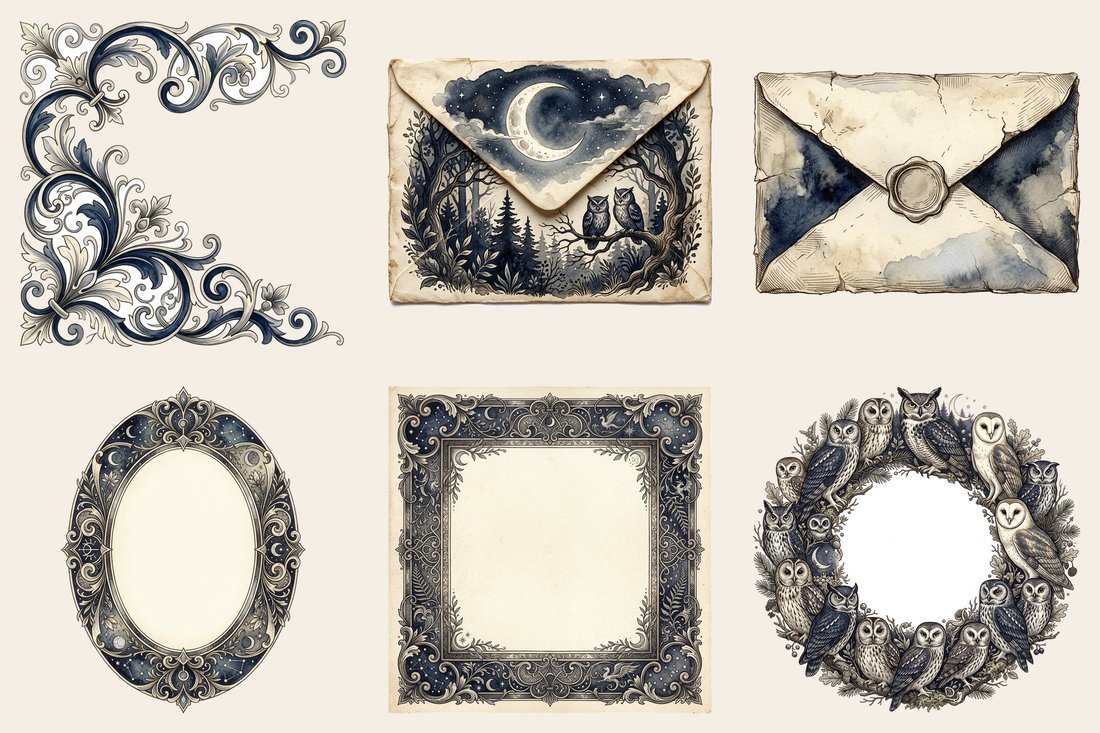 Moonlight Owls junk journal kit — element closeup 2