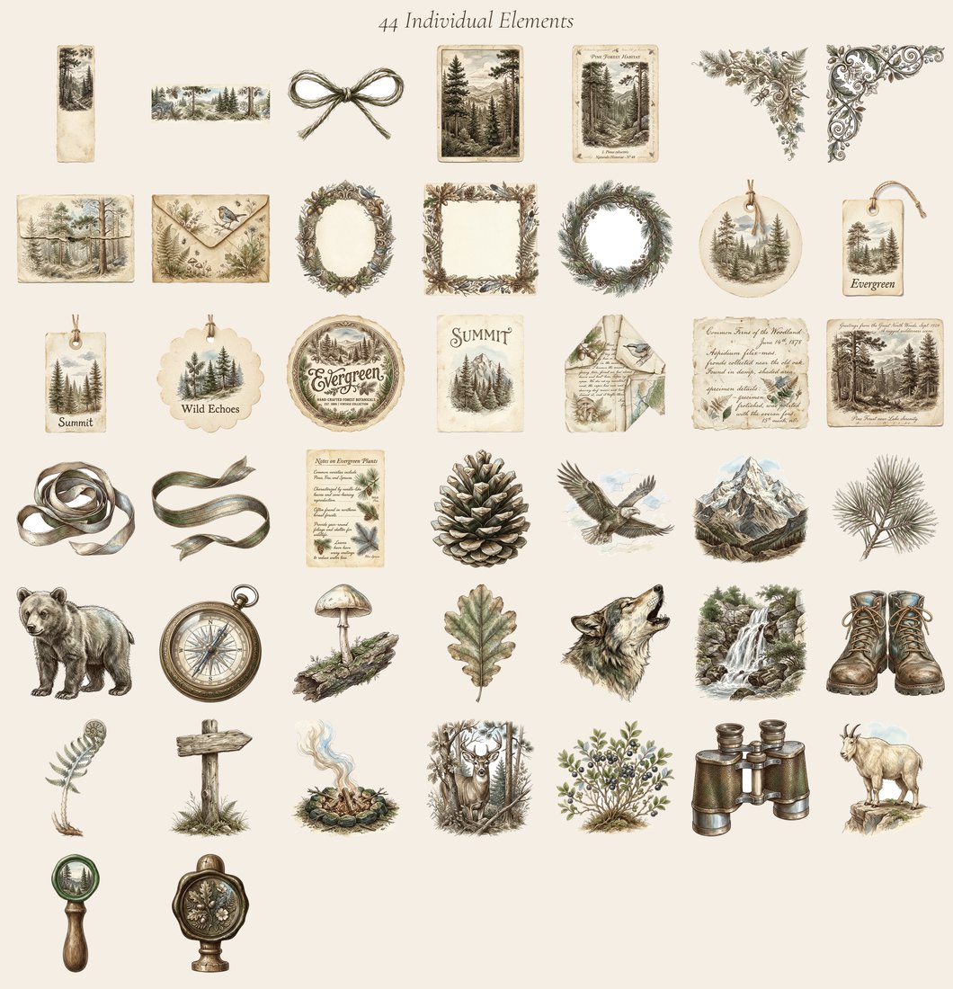 Mountain Wilderness junk journal kit — elements overview