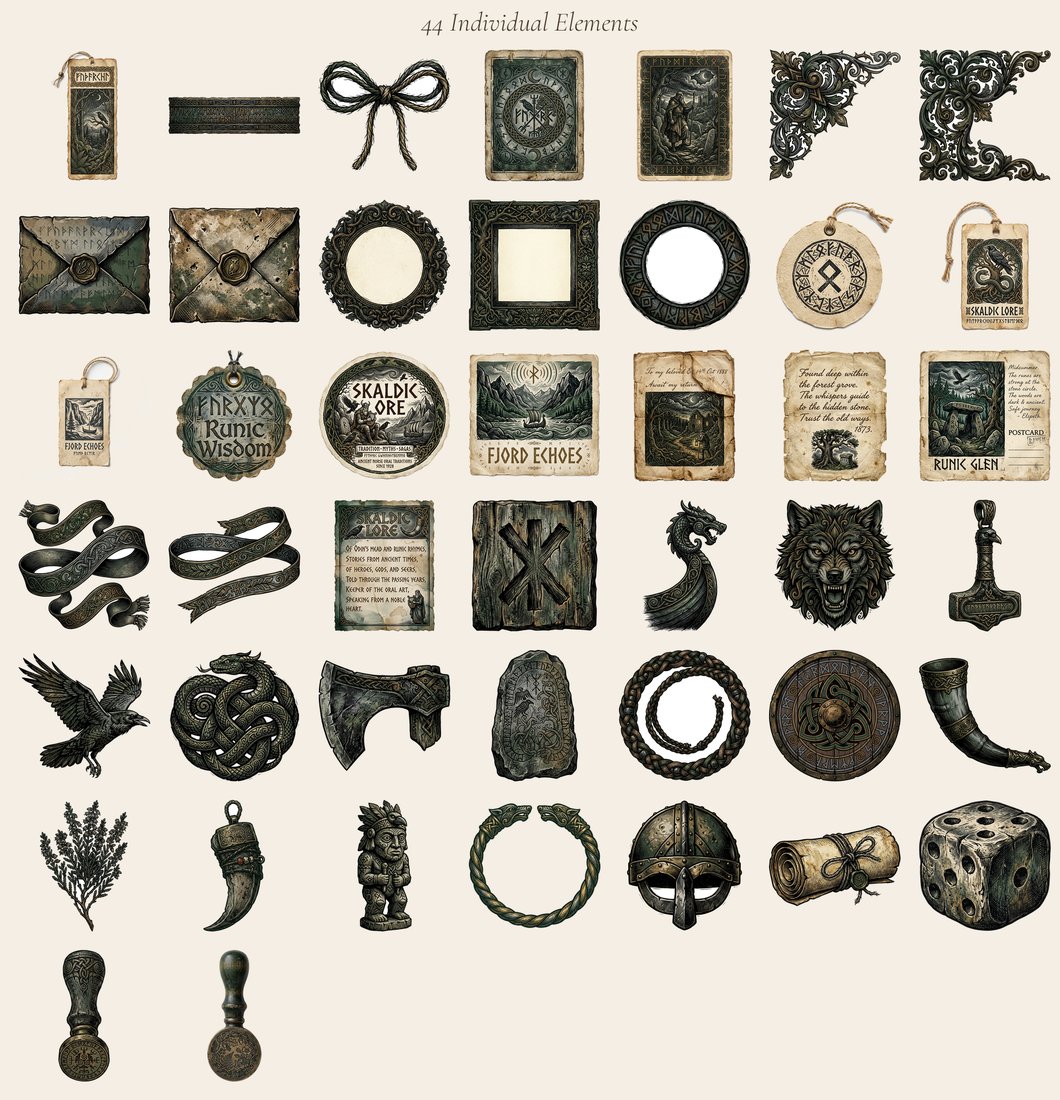 Norse Saga junk journal kit — elements overview