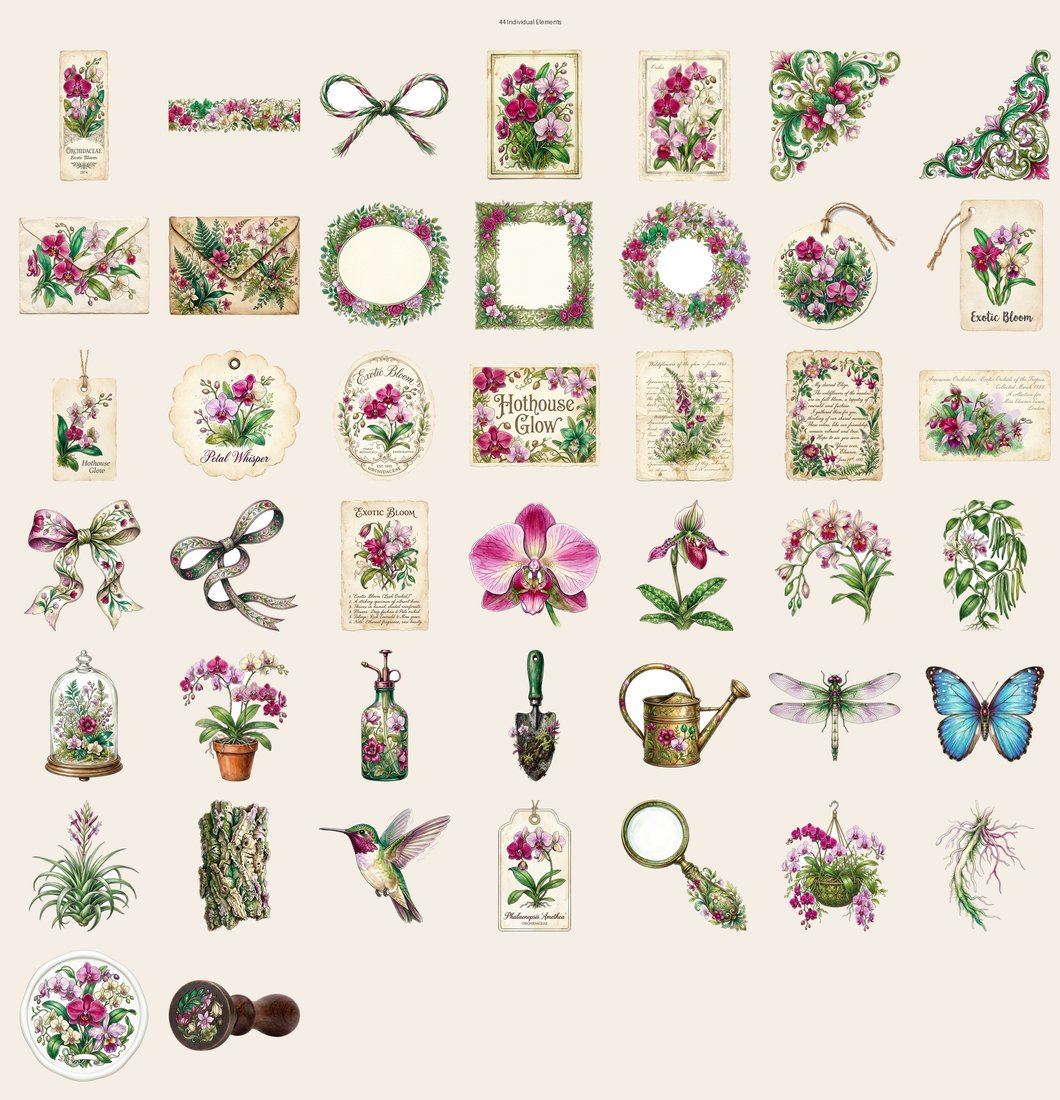 Orchid Hothouse junk journal kit — elements overview