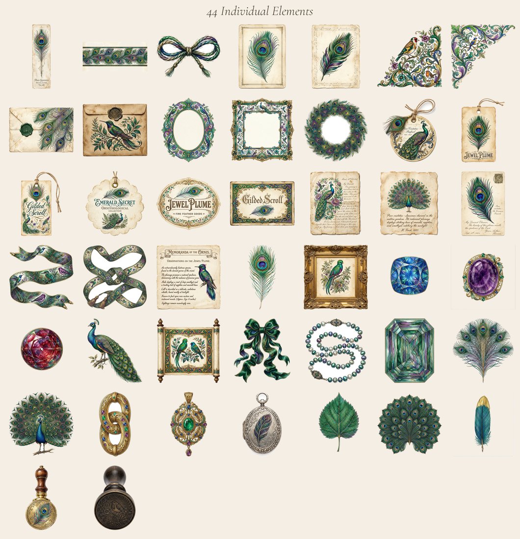 Peacock Pavilion junk journal kit — elements overview