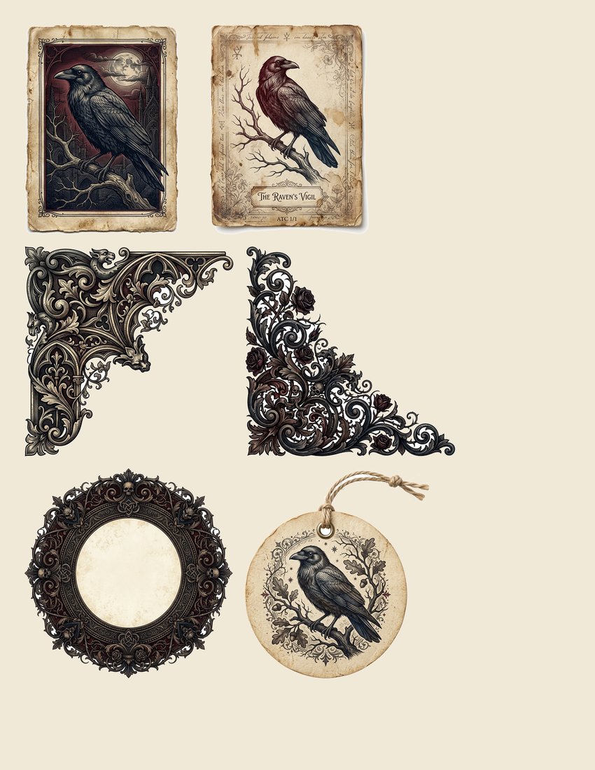 Poes Nevermore junk journal kit — sheet preview 1