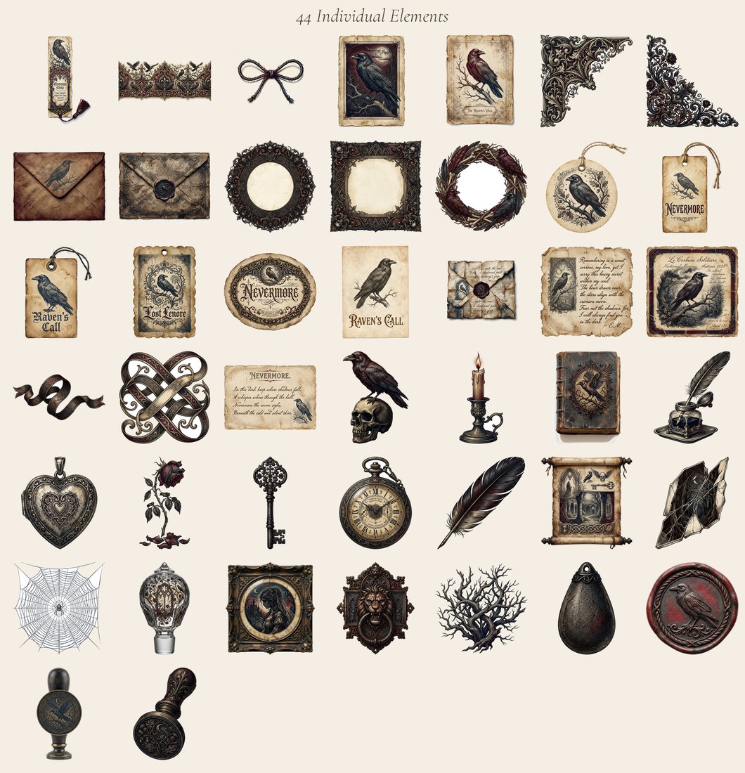 Poes Nevermore junk journal kit — elements overview