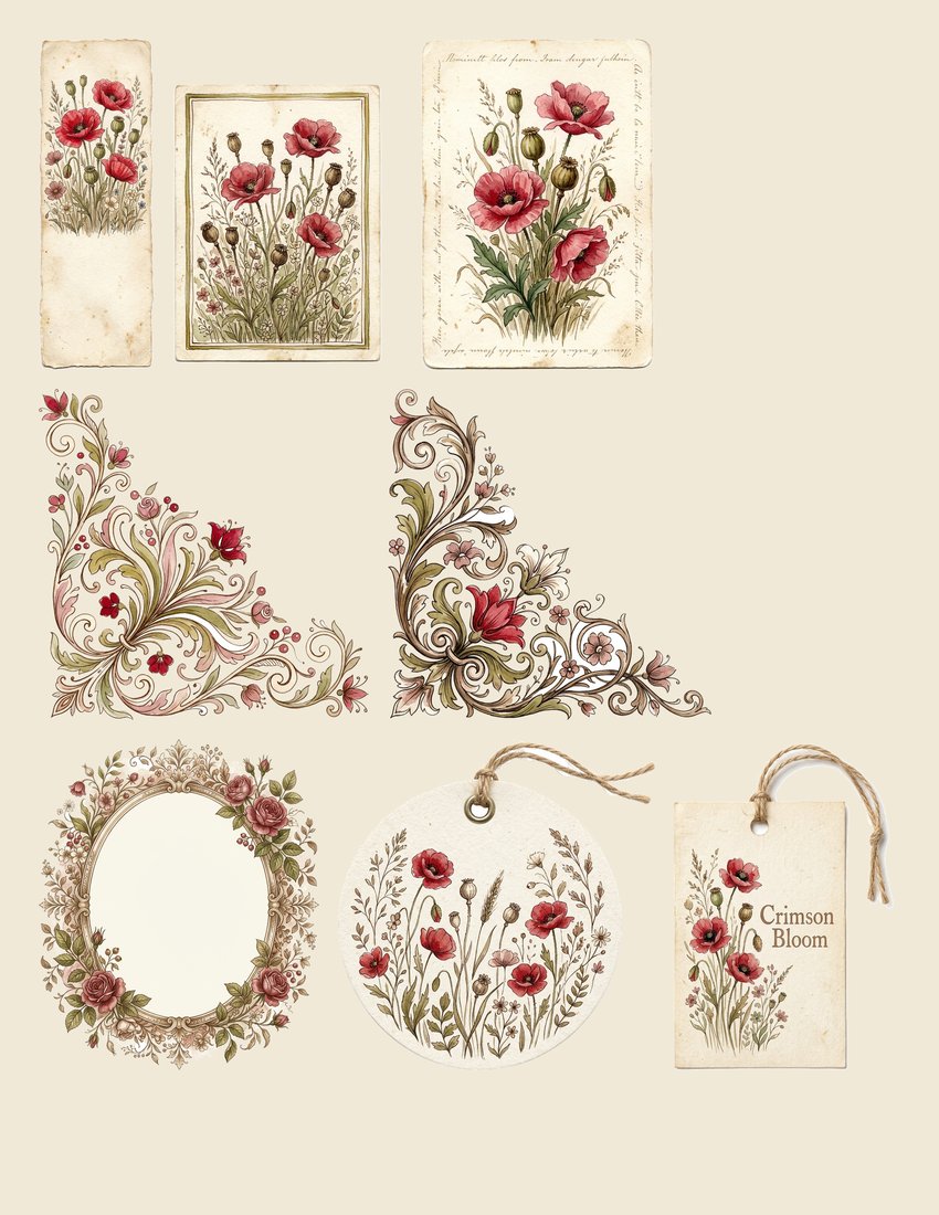 Poppy Field junk journal kit — sheet preview 1