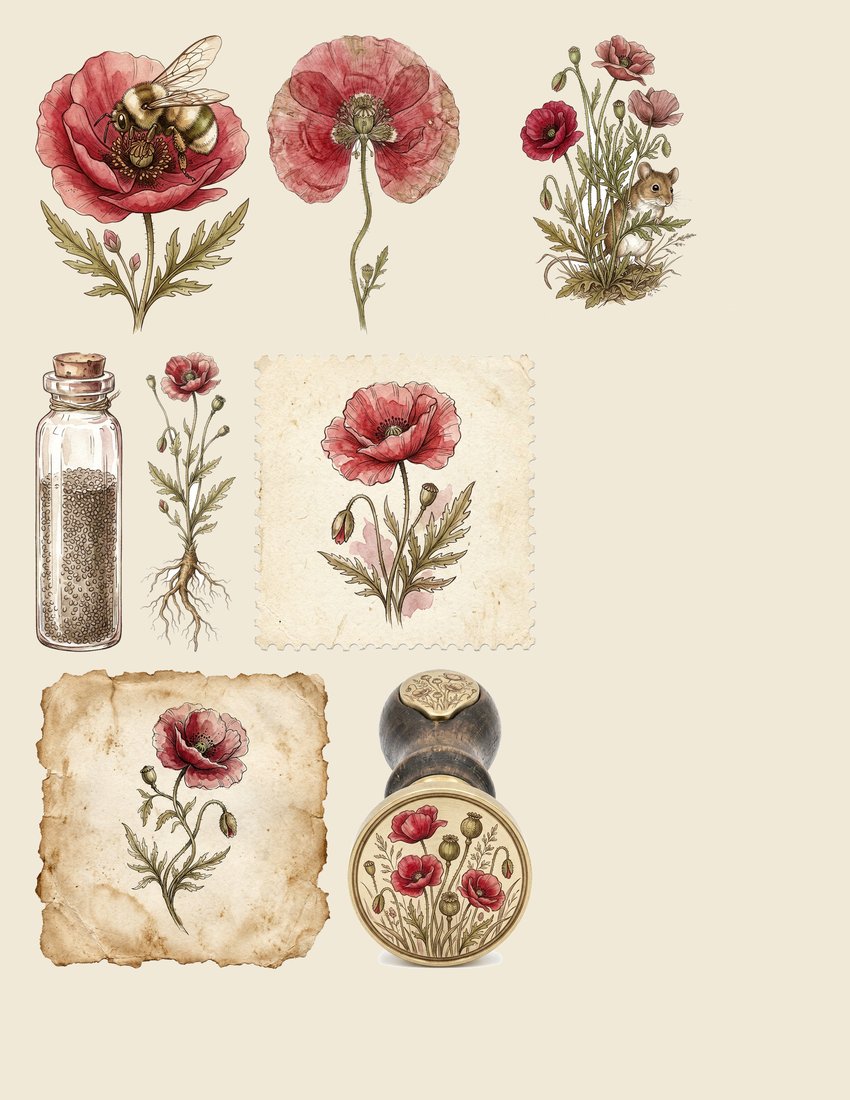 Poppy Field junk journal kit — sheet preview 4
