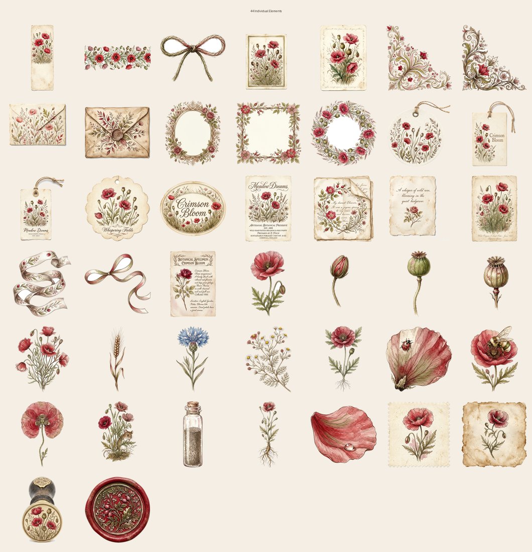 Poppy Field junk journal kit — elements overview
