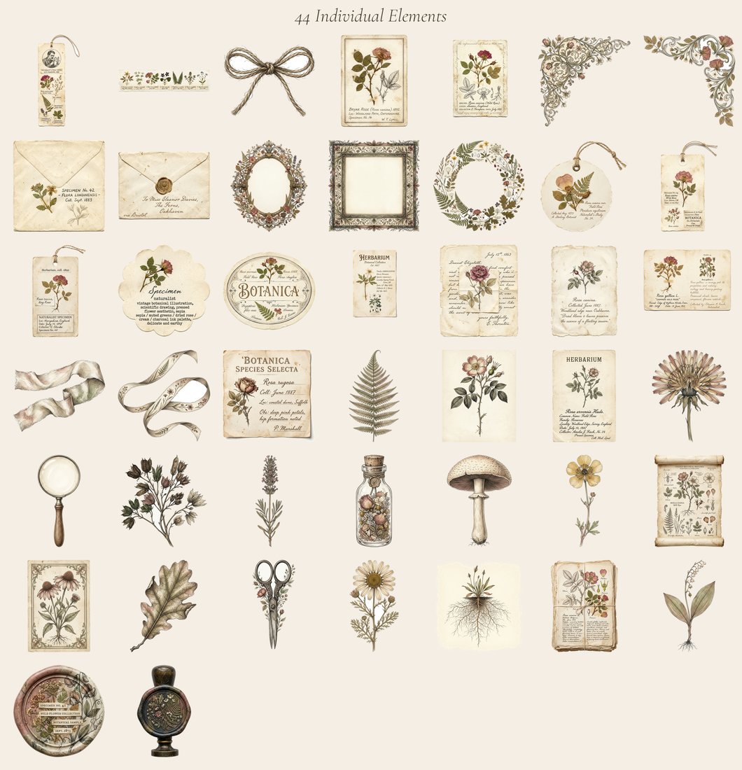 Pressed Herbarium junk journal kit — elements overview