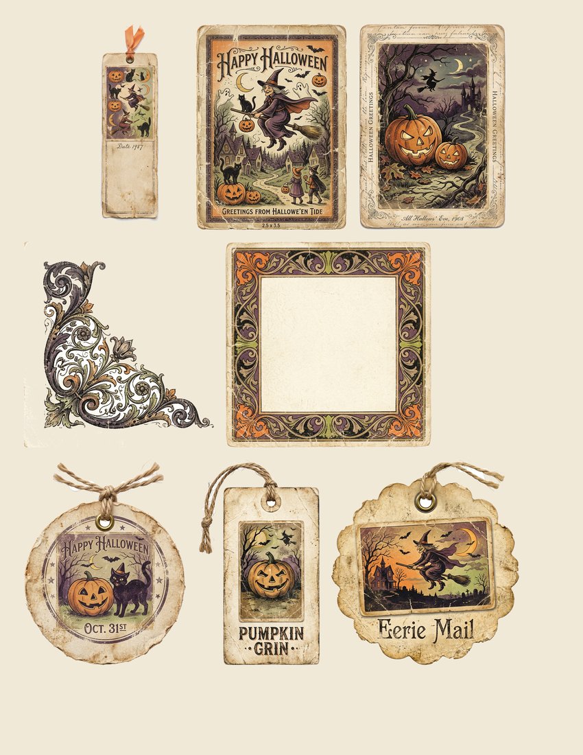 Retro Halloween Postcards junk journal kit — sheet preview 1