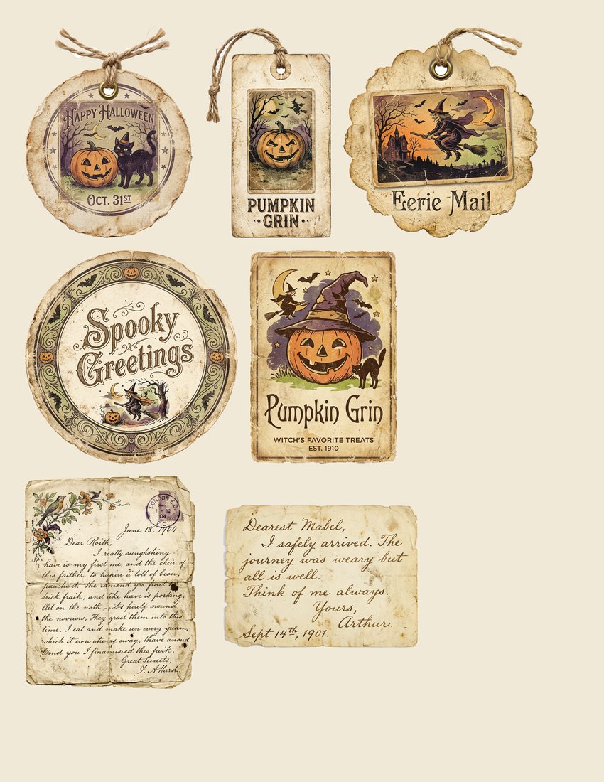Retro Halloween Postcards junk journal kit — sheet preview 2