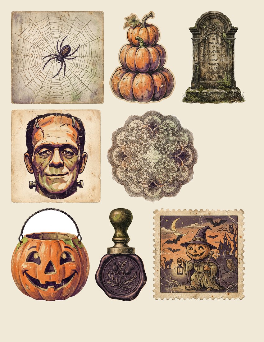 Retro Halloween Postcards junk journal kit — sheet preview 4