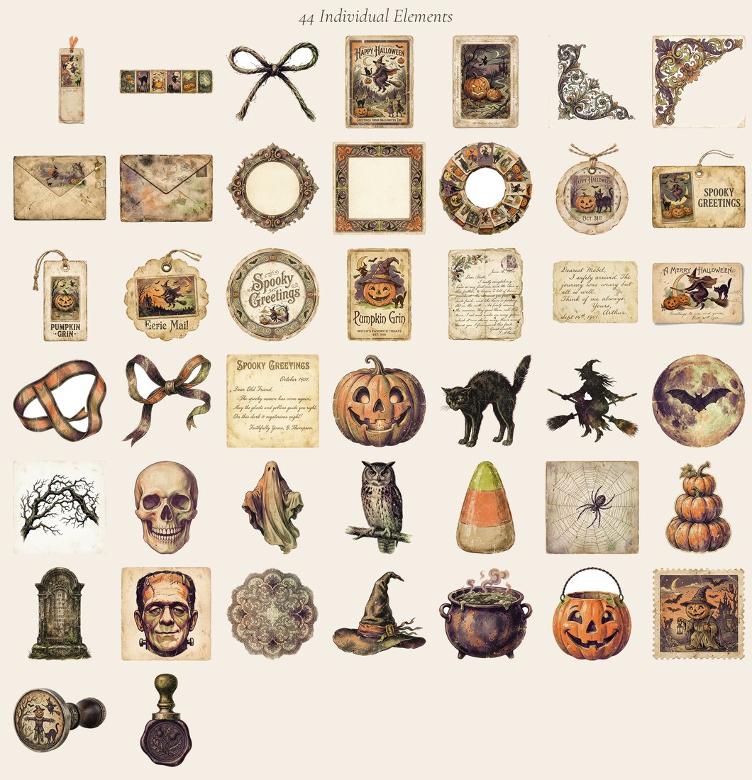 Retro Halloween Postcards junk journal kit — elements overview