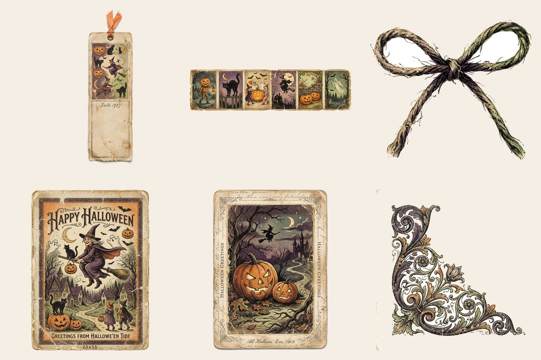 Retro Halloween Postcards junk journal kit — element closeup 1