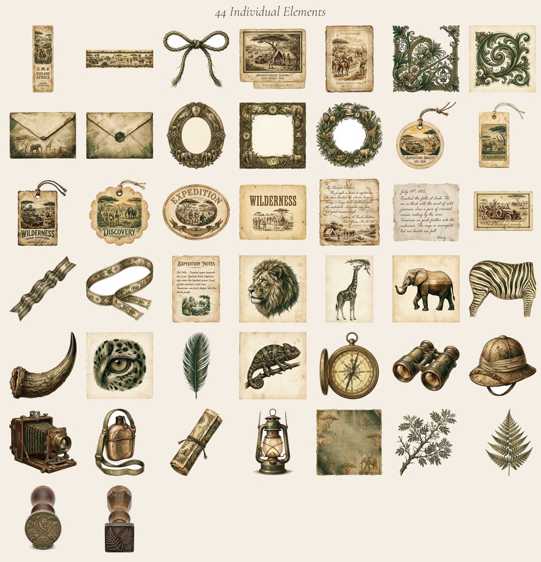 Safari Expedition junk journal kit — elements overview