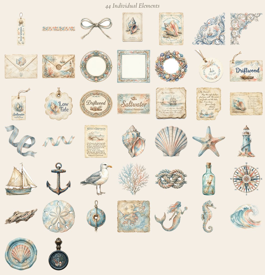 Seaside Memoir junk journal kit — elements overview