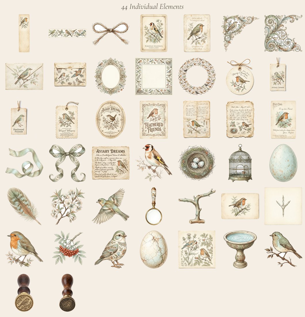 Songbird Aviary junk journal kit — elements overview