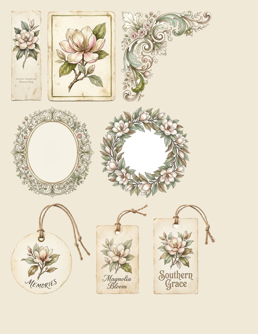Southern Magnolia junk journal kit — sheet preview 1